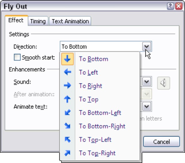 Figure 1-14: Changing an effect’s exit or entrance direction.